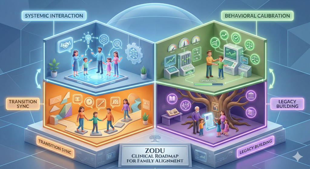 A 3D diagram illustrating the 4-Quadrant Family Alignment Strategy used at ZODU Health for families in Florida.