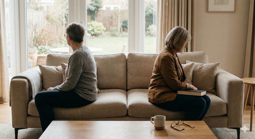 Married couple sitting together in a calm, modern living room but emotionally distant, subtle body language showing communication breakdown, soft natural lighting, neutral warm tones, realistic lifestyle photography, trauma-informed and professional mood, faceless, no text, no logos.