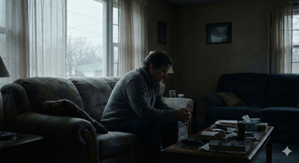 A middle-aged man sits hunched over and alone on a couch in a dimly lit, cluttered living room, with his hands clasped. He is looking downwards with a somber expression, illuminated only by the natural light from a large window showing a cloudy day outside. The room feels heavy and isolated.