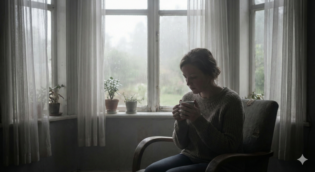 A somber woman wearing a chunky knit sweater sits alone in a worn armchair by a large bay window. She holds a ceramic mug with both hands, looking down with a pensive expression. Soft, diffused light enters through sheer curtains, revealing a rainy, misty garden outside and potted plants on the sill. The atmosphere is quiet and melancholic.