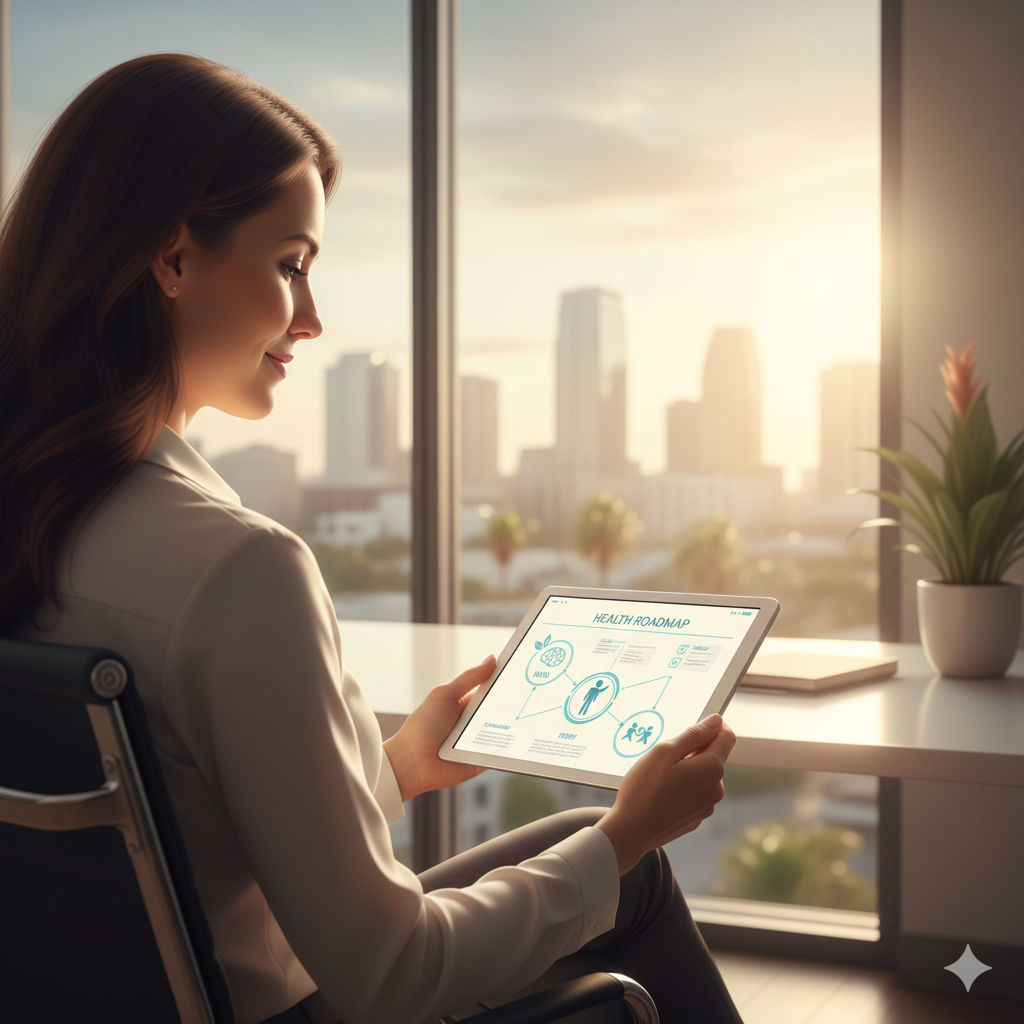 A professional woman using an integrated health plan for stress management counseling in Orlando.