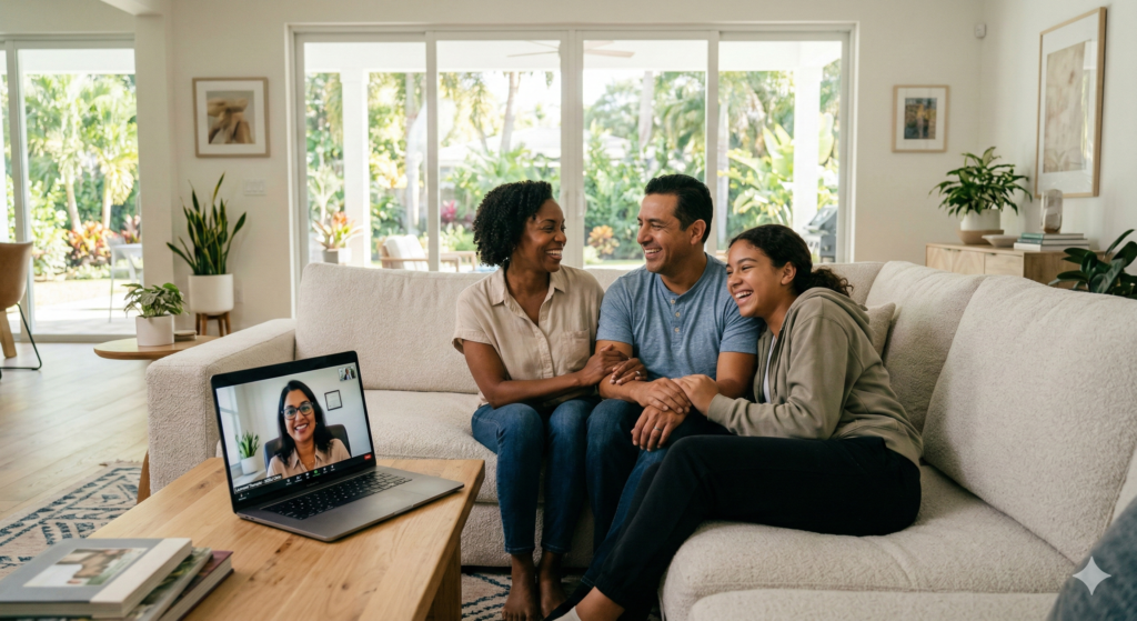 A family participating in a secure telemental health session for family therapy in Florida.