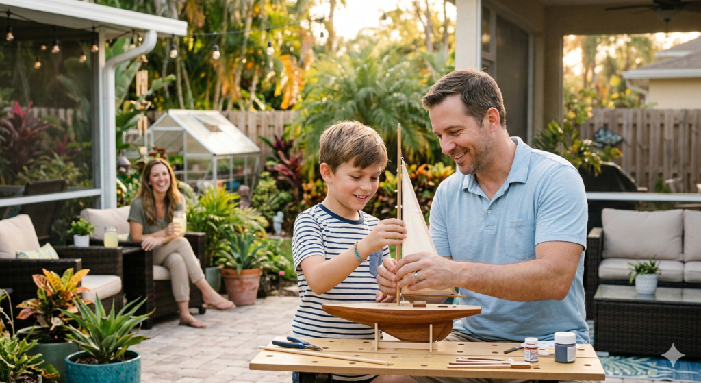A stepparent and stepchild building a bond through shared activities during blended family counseling.