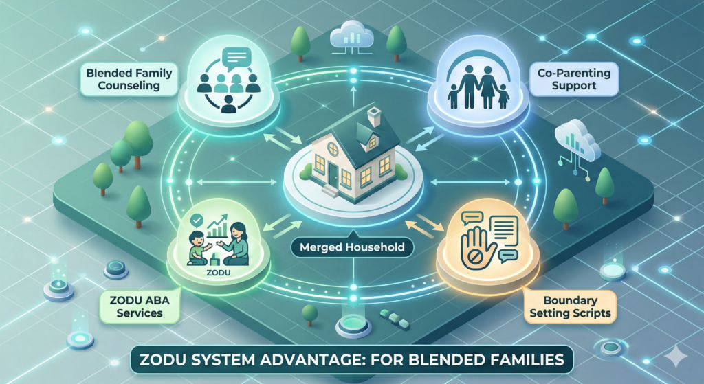 A diagram showing the integration of blended family counseling with behavioral and medical support at ZODU Health.