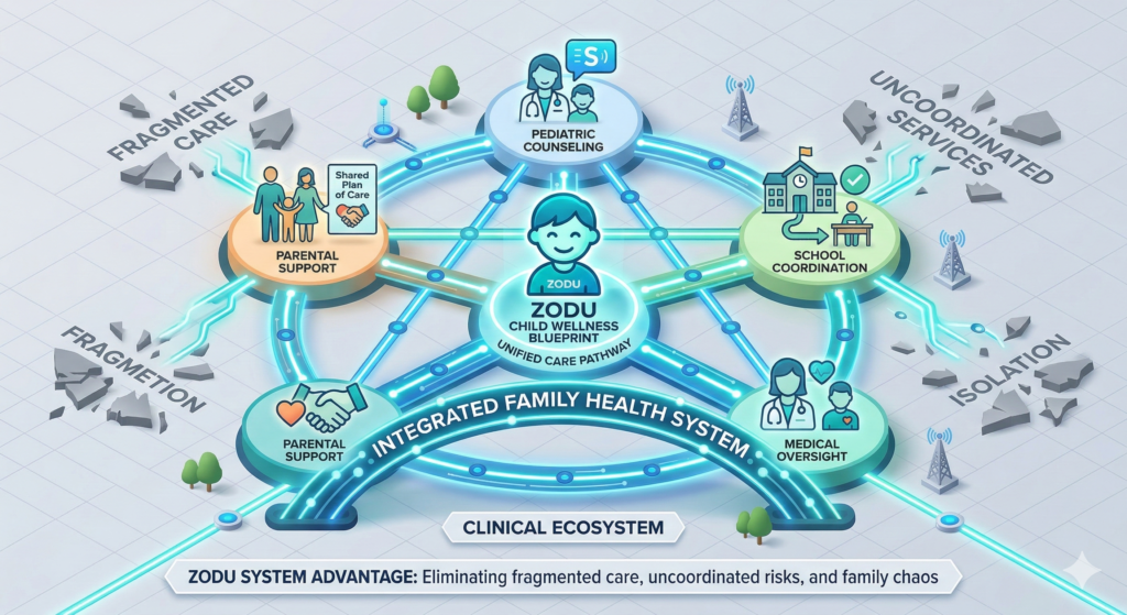 An infographic illustrating how ZODU Health coordinates between a child therapist near Florida, schools, and pediatricians.