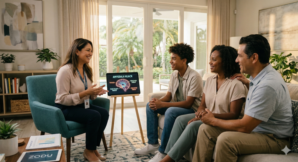 A family practicing de-escalation tools during a family communication support session in Florida.