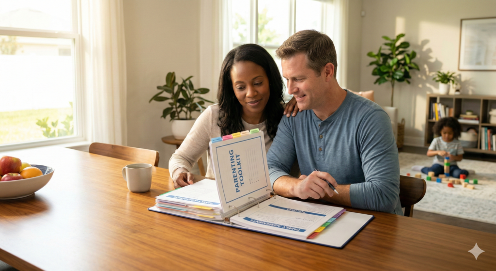 Parents utilizing a proactive leadership roadmap during a parenting counseling session in Orlando.